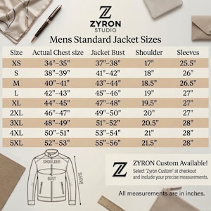May include: A Zyron Studio size chart for jackets featuring a table with columns for size, actual chest size, jacket bust, shoulder, and sleeves in inches. The chart includes a line drawing of a jacket with labels for shoulder, bust, and sleeve.