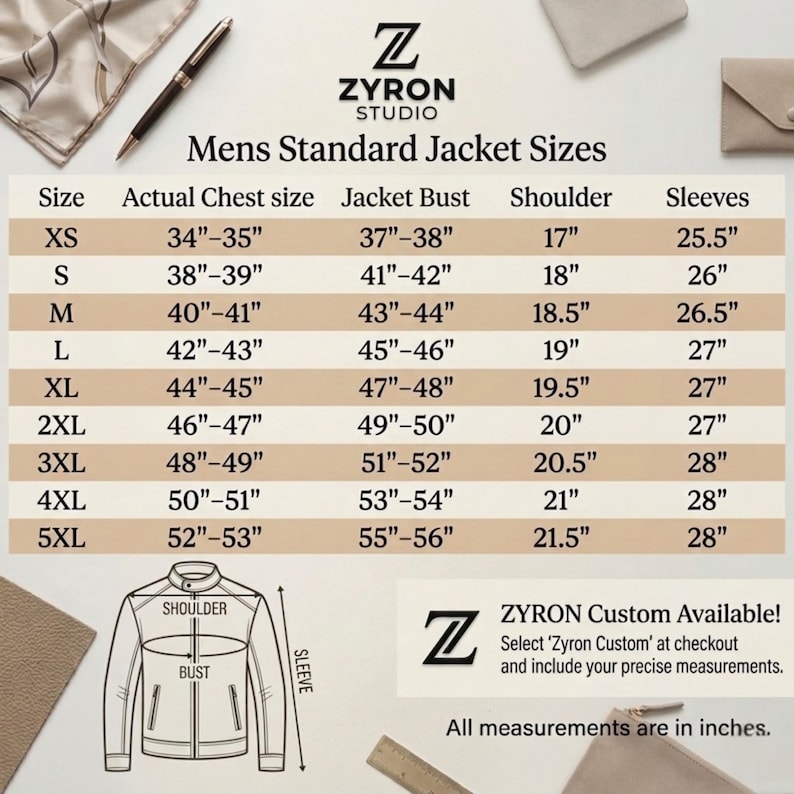 May include: A Zyron Studio size chart for jackets featuring a table with columns for size, actual chest size, jacket bust, shoulder, and sleeves in inches. The chart includes a line drawing of a jacket with labels for shoulder, bust, and sleeve.