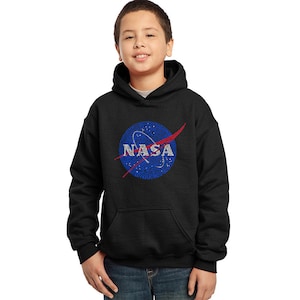 May include: Black hooded sweatshirt with a blue and red NASA logo. The logo is made up of small words and symbols.
