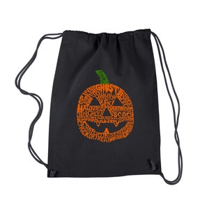 May include: Black drawstring bag with a Halloween-themed pumpkin design. The orange pumpkin is filled with Halloween-related words like "ghost," "scary," and "trick or treat." The stem is green, and the bag has black drawstrings.