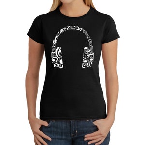 LA Pop Art Women&#39;s Word Art T-shirt - Music Note Headphones