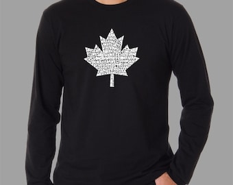 May include: Black long-sleeve t-shirt with a white maple leaf design. The leaf is made up of words.