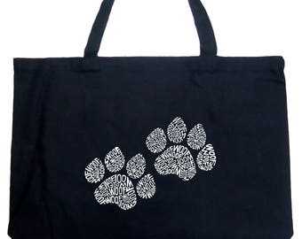 Large Tote Bag - Dog Paw Prints created out of the Word Woof