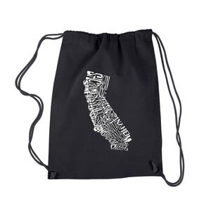 May include: Black drawstring bag with a white outline of the state of California. The outline is made up of the names of cities in California, including Los Angeles, San Francisco, San Diego, and more.
