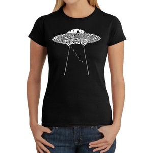 LA Pop Art Women&#39;s Word Art T-shirt - Flying Saucer UFO