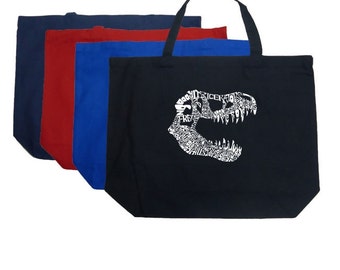Large Tote Bag - T-Rex skull created out of popular Dinosaur names.