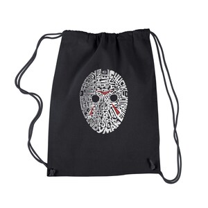 May include: Black drawstring bag with a white and red graphic of a hockey mask made of words like "Freddy", "Jason", "Leatherface", "Michael", "Chucky", and "Candyman".