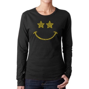 LA Pop Art Women&#39;s Word Art Long Sleeve T-shirt -  Rockstar Smiley