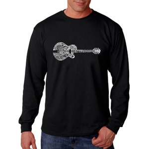 May include: Black long-sleeve t-shirt with a white graphic of a guitar made of words. The words include "guitar", "music", "rock", "roll", and "rhythm".