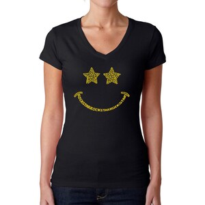 LA Pop Art Women&#39;s Word Art V-Neck T-shirt -  Rockstar Smiley