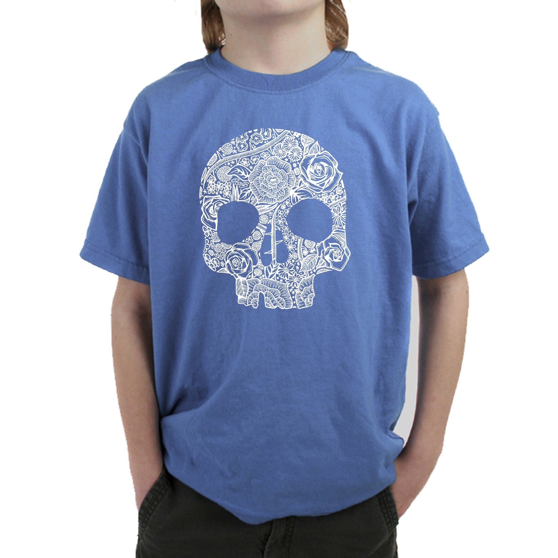 ★HYDROGEN★Unisex Skull &Flower Graphic Tee BLUE 71SIPUHMrOL.jpg