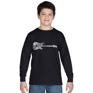 May include: A black long-sleeve t-shirt with a white graphic of an electric guitar made up of words. The words include "Electric", "Guitar", "Rock", "Roll", and "Music".