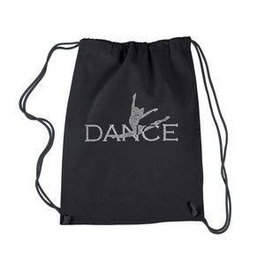 May include: Black drawstring bag with a white silhouette of a dancer and the word "DANCE" spelled out in white letters.