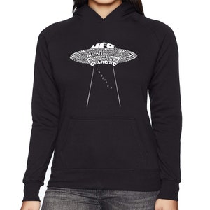 LA Pop Art Women&#39;s Word Art Hooded Sweatshirt - Flying Saucer UFO
