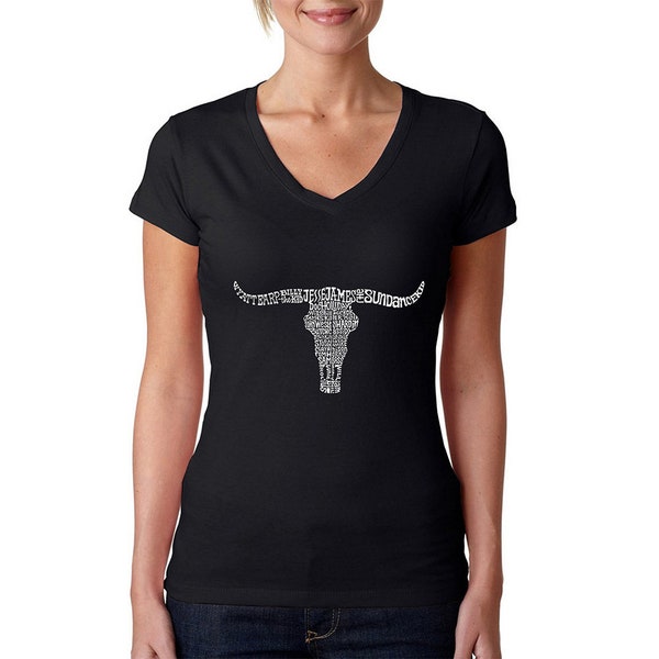 Women's V-neck T-Shirt - Names of Legendary Outlaws Created out of the Names of Some of the Most Notorious Gunslingers
