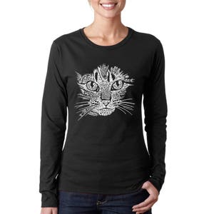 Women&#39;s Long Sleeve T-Shirt -  Cat Face Created out of Cat Themed Words