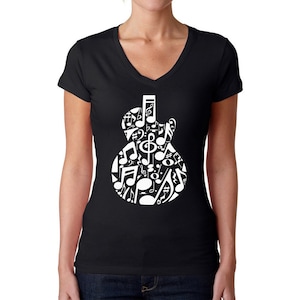 LA Pop Art Women&#39;s Word Art V-Neck T-shirt -  Music Note Guitar