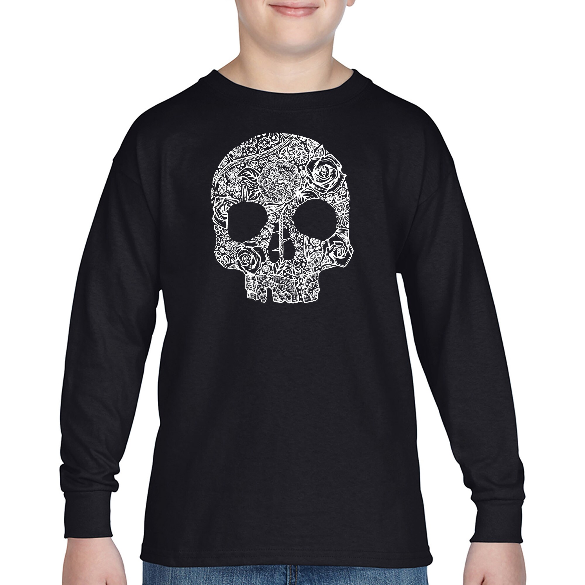Boy's Word Art Long Sleeve T-shirt - Flower Skull - Etsy