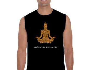May include: A black sleeveless shirt with an orange graphic of a person in a yoga pose. The graphic is made up of the words "inhale" and "exhale". The text "inhale. exhale." is printed below the graphic.