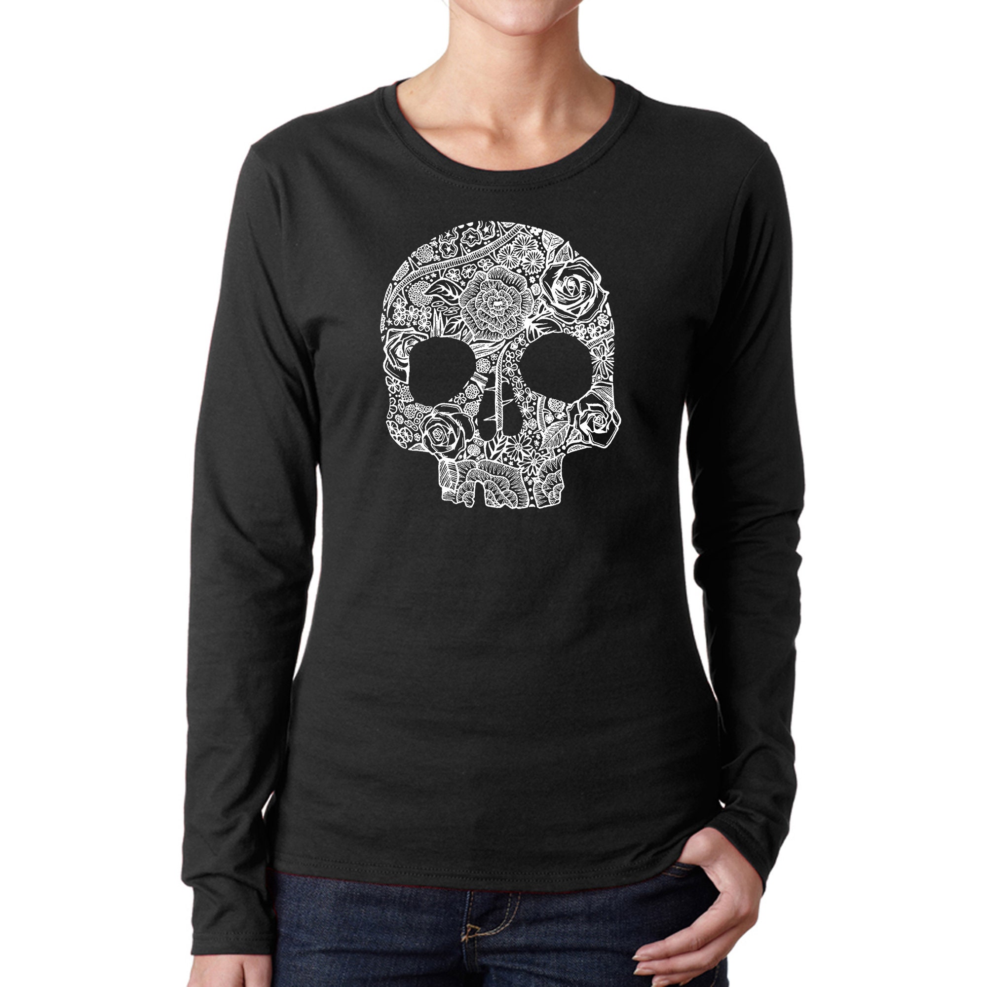 LA Pop Art Women's Word Art Long Sleeve T-shirt - Flower Skull - Etsy