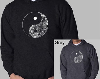 Men's Hooded Sweatshirt - Yin Yang - Created using the word PEACE in 77 different languages