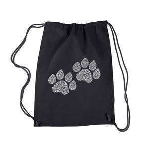 May include: Black drawstring bag with white paw prints made of the word "woof" repeated.