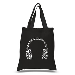 May include: Black canvas tote bag with a white design of headphones made of musical notes.