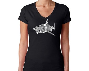 Women's V-neck T-Shirt - Created using popular Species of Shark