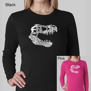 Women&#39;s Long Sleeve T-Shirt - T-Rex skull created out of popular Dinosaur names