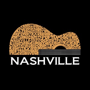 Puede incluir: Una silueta de guitarra marr&oacute;n con la palabra "NASHVILLE" escrita debajo. La guitarra est&aacute; formada por palabras relacionadas con la m&uacute;sica country, como "bluegrass", "honky tonk", "roots rock", "country", "pop", "Texas", "outlaw", "gothic", "Nashville sound", "Bakersfield sound", "Christian country", "country blues", "Irish", "rock", "progressive", "neo-traditional", y "truck driving".
