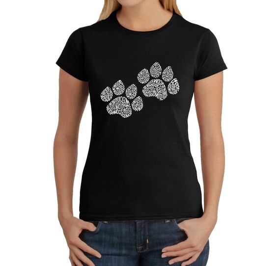 Women s T shirt Dog Paw Prints Created Out of the Word Woof Etsy Canada