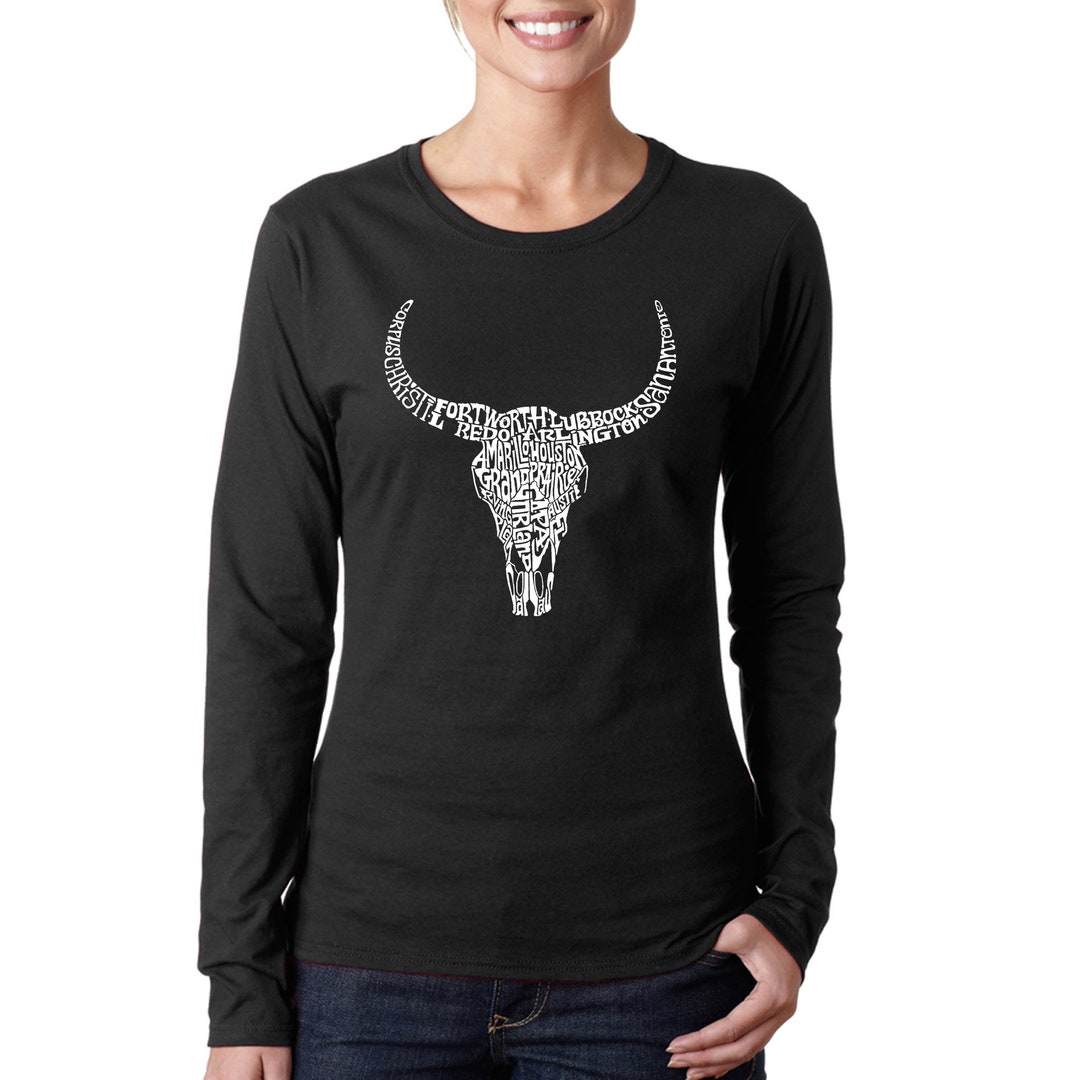 Women's Word Art Long Sleeve T-shirt Texas Skull - Etsy