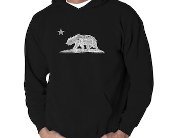 Peut inclure: Sweat-shirt à capuche noir avec un graphique blanc représentant la silhouette de l'ours de l'État de Californie, composé de mots tels que "California", "Los Angeles", "San Francisco" et "Hollywood".