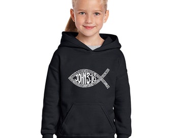 Girl's Hooded Sweatshirt - Fish Symbol Created using the full text to John 3:16