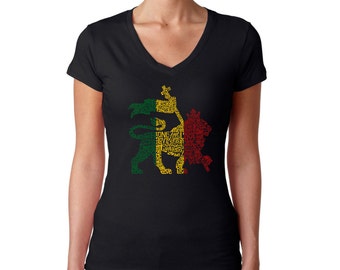 Women's V-neck T-shirt - Rasta Lion - One Love Created using the words One Love