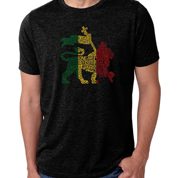 Men's Premium Blend Word Art T-shirt - Rasta Lion - One Love
