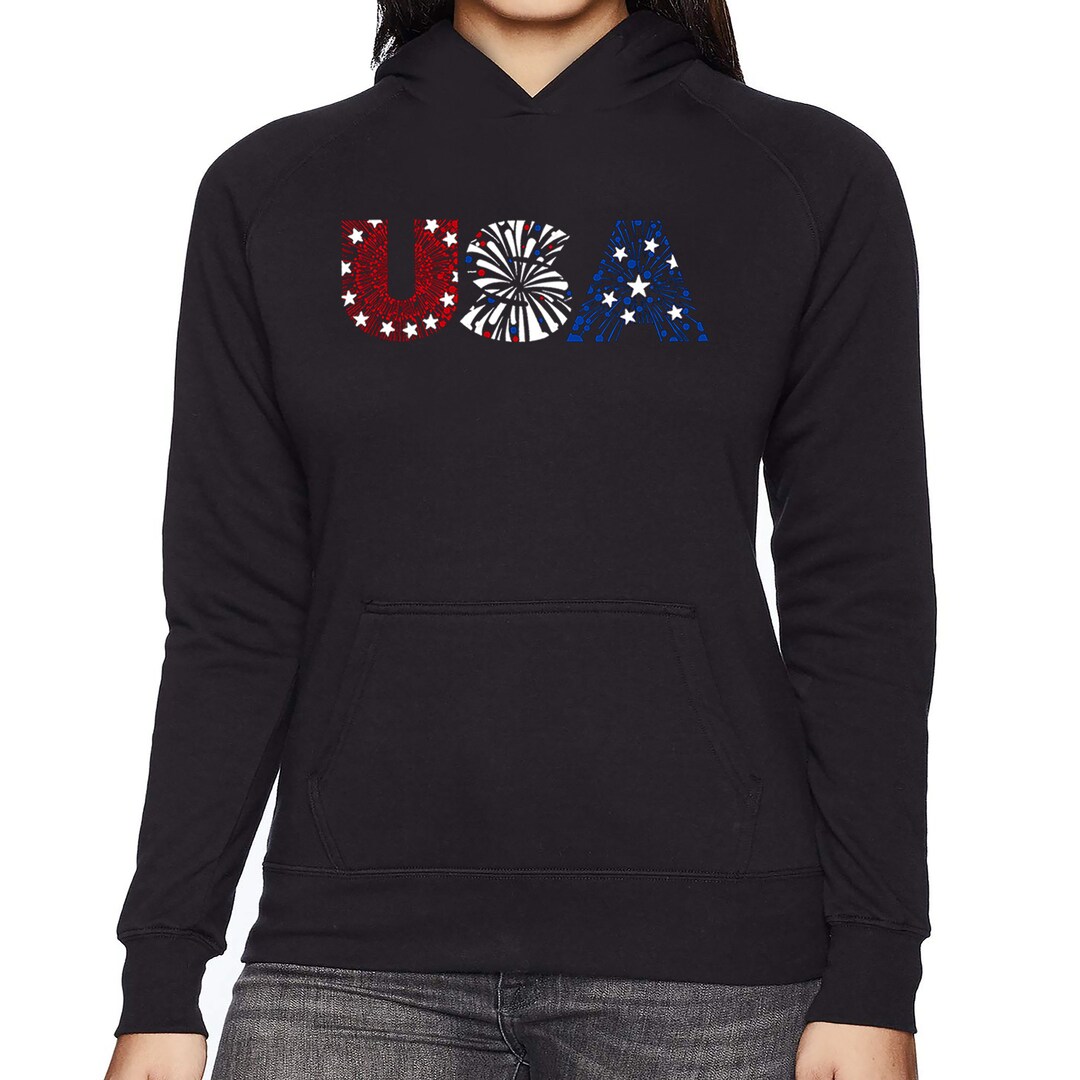 売れ筋商品|||エルエーポップアート カットソー トップス レディース Women's Fireworks American Flag Word Art Hooded Sweatshirt Black LA Pop Art Women's Fireworks American Flag Word Art Hooded