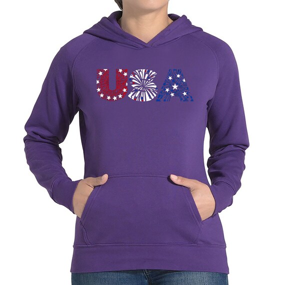 売れ筋商品|||エルエーポップアート カットソー トップス レディース Women's Fireworks American Flag Word Art Hooded Sweatshirt Black LA Pop Art Women's Fireworks American Flag V-neck T-shirt