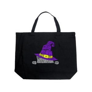 May include: Black tote bag with a purple and yellow cat wearing a witch hat. The hat is made of the word "MEOW" in purple text. The cat is peeking out from behind the hat.