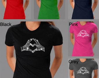 Women's T-shirt - Finger Heart - Created using the word LOVE in different languages