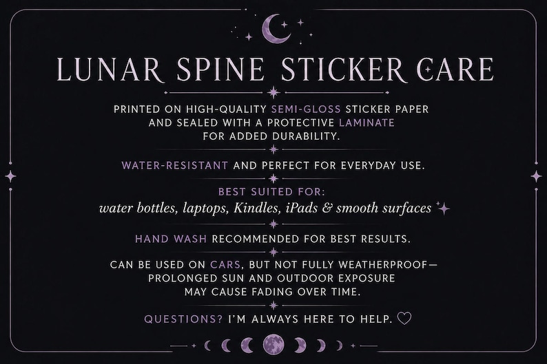 K&ouml;nnte beinhalten: Dunkler Hintergrund mit wei&szlig;em Text. Der Text lautet "LUNAR SPINE STICKER CARE" und beschreibt die Eigenschaften des Aufklebers: semi-gl&auml;nzendes Papier, Schutzlaminat, wasserfest und geeignet f&uuml;r Wasserflaschen, Laptops usw.