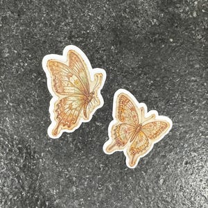 Op de afbeelding: Twee vlinderstickers met ingewikkelde ontwerpen in bruin, beige en cr&egrave;me tinten. De stickers hebben een vintage esthetiek, met gedetailleerde vleugelpatronen en een witte rand. Ze liggen op een donkergrijze ondergrond.