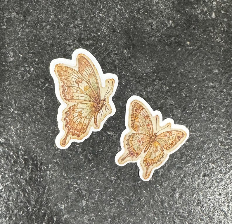 Op de afbeelding: Twee vlinderstickers met ingewikkelde ontwerpen in bruin, beige en cr&egrave;me tinten. De stickers hebben een vintage esthetiek, met gedetailleerde vleugelpatronen en een witte rand. Ze liggen op een donkergrijze ondergrond.