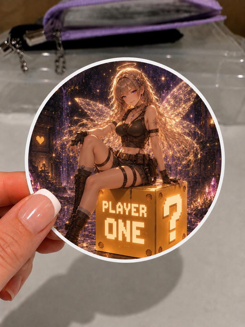 K&ouml;nnte beinhalten: Ein runder Aufkleber mit einem Fantasy-Anime-Charakter mit Feenfl&uuml;geln, der auf einem leuchtenden goldenen Block mit den Worten "PLAYER ONE" und einem Fragezeichen sitzt. Der Charakter hat lange Haare und tr&auml;gt ein dunkles Outfit.