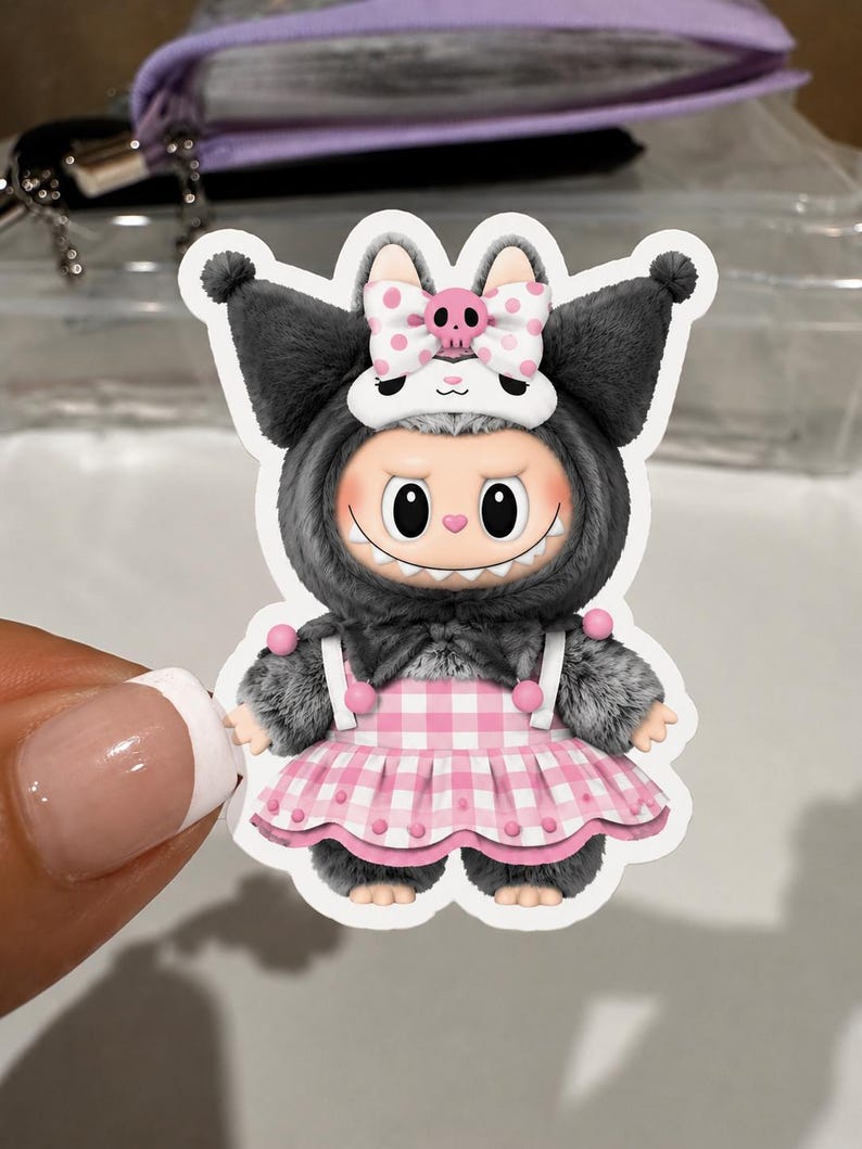 K&ouml;nnte beinhalten: Ein Aufkleber mit einer Cartoonfigur in einem grauen, pelzigen Kost&uuml;m mit gro&szlig;en Ohren und einer rosa-wei&szlig;en Schleife. Die Figur tr&auml;gt ein rosa-wei&szlig; kariertes Kleid. Der Aufkleber hat einen wei&szlig;en Rand.