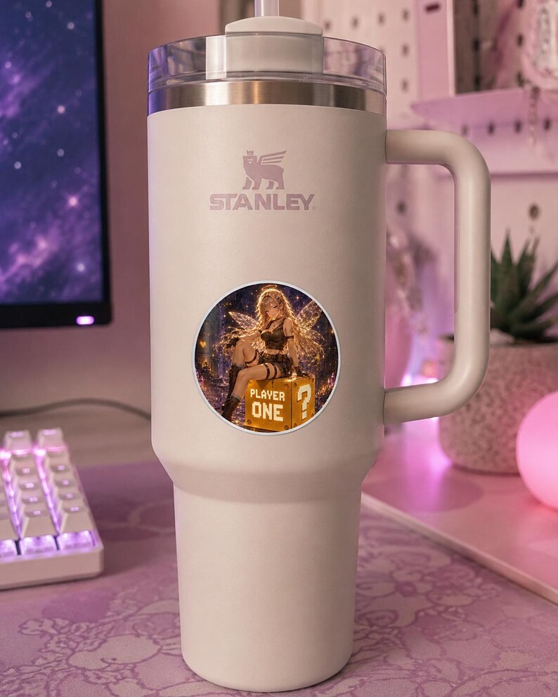 K&ouml;nnte beinhalten: Ein wei&szlig;er Stanley-Becher mit Griff und transparentem Deckel. Ein runder Aufkleber zeigt einen Anime-Charakter mit Fl&uuml;geln, den Text "PLAYER ONE" und ein Fragezeichen.