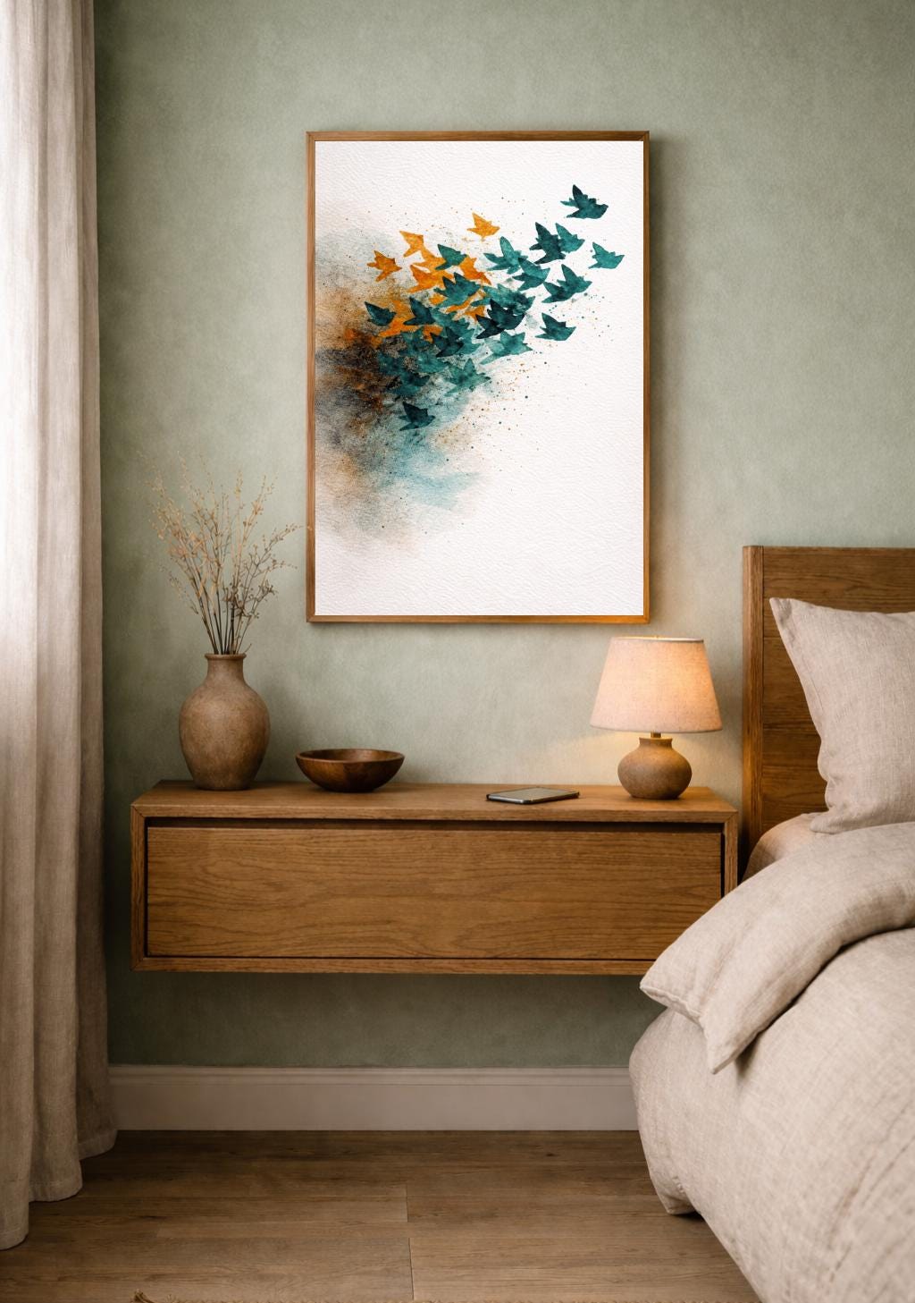 Abstract Birds in Flight Wall Art Print, Watercolor Bird Flock Painting ...