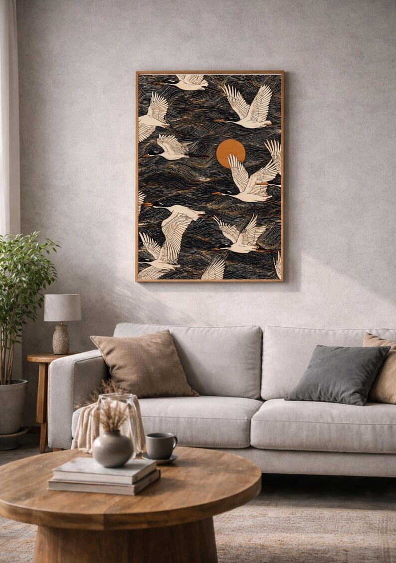 Japanese Crane Wall Art Print, Flying Cranes Decor, Japandi Style ...