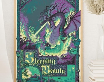 Pôster da Bela Adormecida | Arte de Parede Princesa Disney | Impressão de Conto de Fadas Fantástico | Decoração de Castelo Mágico | Pôster Vintage de Princesa