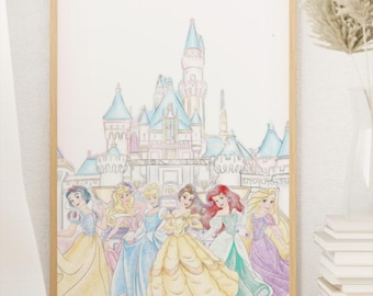 Pôster de Princesas da Disney | Arte de Parede de Conto de Fadas | Impressão de Castelo Mágico | Decoração de Princesa Fantástica | Pôster Animado Fofo